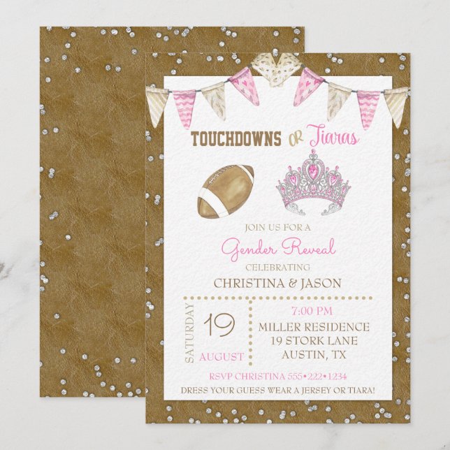 Invitation Touchdowns ou Tiaras Aquarelle rose Sexe Révéler (Devant / Derrière)