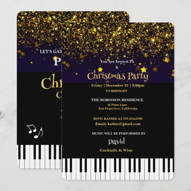 Invitation Touches de piano et Parties scintillant d'or Noël (Devant / Derrière)