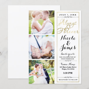Invitation TOUJOURS & POUR TOUJOURS Moderne 3 Photo Blanc Or 