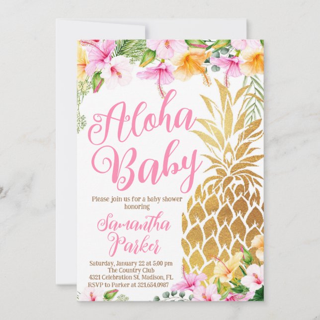 Invitation Toule rose pâle sur le Baby shower d'ananas Luau (Devant)