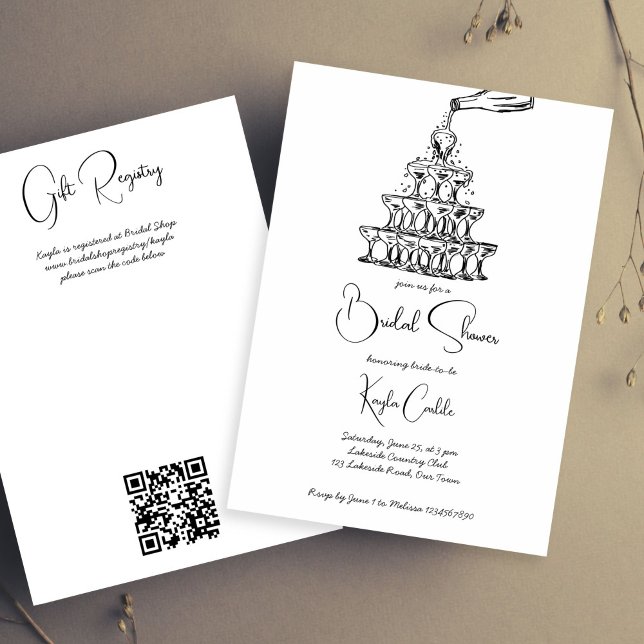 Invitation Tour de champagne dessinée à la main douche nuptia (Hand drawn champagne tower minimalist black and white bridal shower invitation template digital)