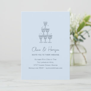 Invitation Tour de champagne Doodle Bleu Froid Mariage