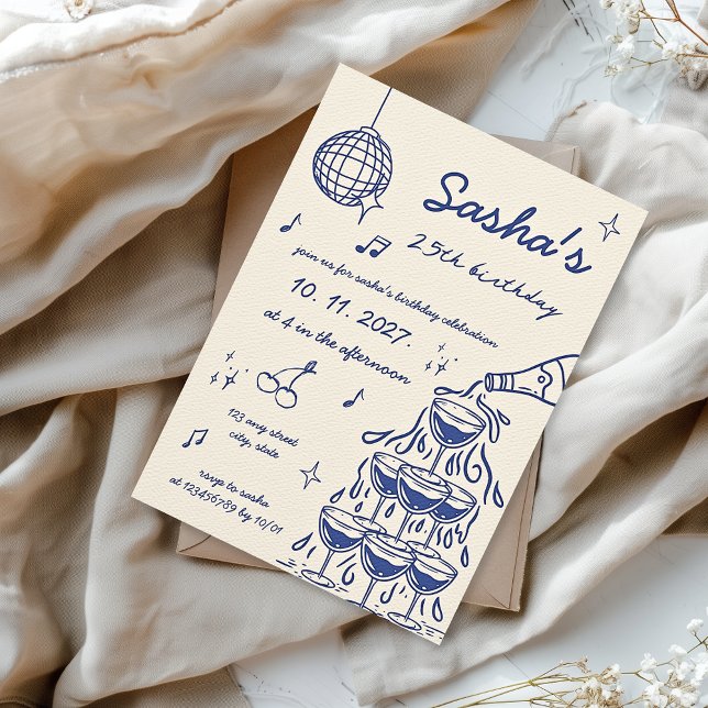 Invitation Tour de Champagne illustrée à la main Bleu d'anniv (Blue hand illustrated champagne tower birthday invitation)