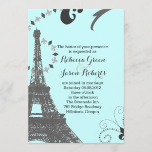 Invitation tour de mariage moderne bleu eiffel vintage paris