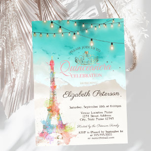 Invitation Tour Eiffel à l'aquarelle, Quinceañera de la plage