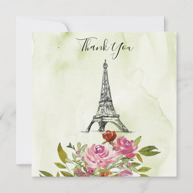 Invitation Tour Eiffel Aquarelle Verte Mariage Remerciements (Devant)