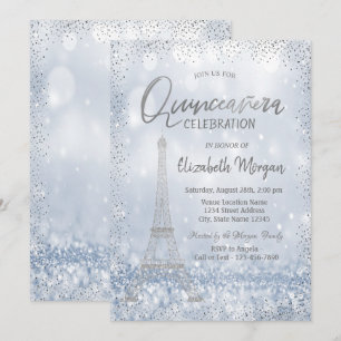 Invitation Tour Eiffel Argent Confetti Bokeh Quinceañera