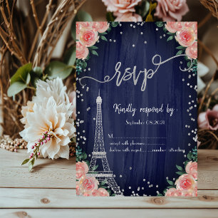 Invitation Tour Eiffel Argent Diamants Floral Bleu Marine RSV