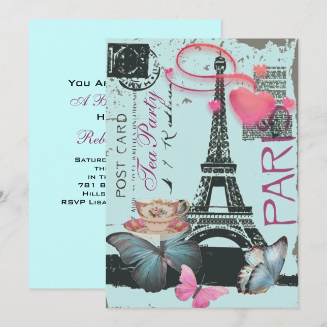Invitation Tour eiffel bleu Paris fête du thé de mariée (Devant / Derrière)