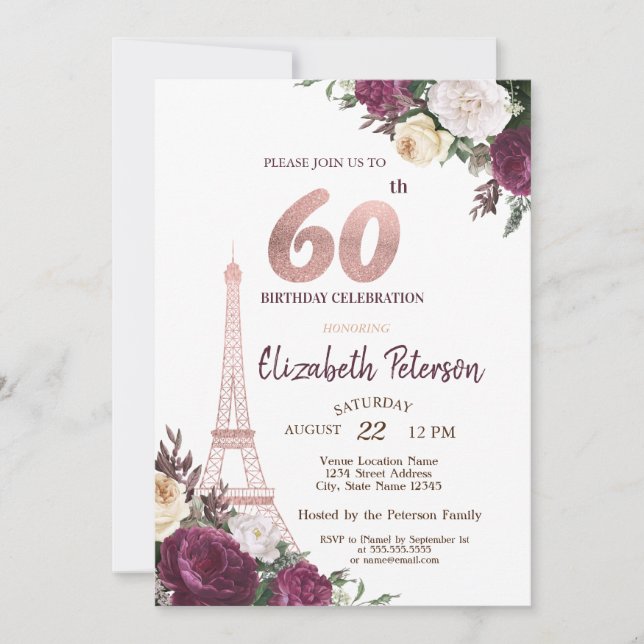 Invitation Tour Eiffel Bourgogne Fleurs 60e anniversaire (Devant)
