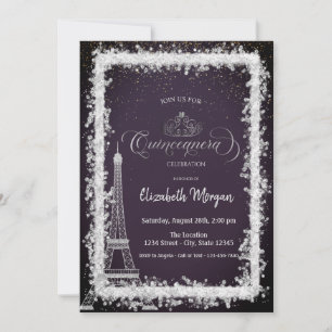 Invitation Tour Eiffel Cadre Argent Quinceanera Violet Foncé