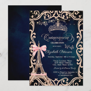 Invitation Tour Eiffel Cadre Paillettes Papillon Bleu 