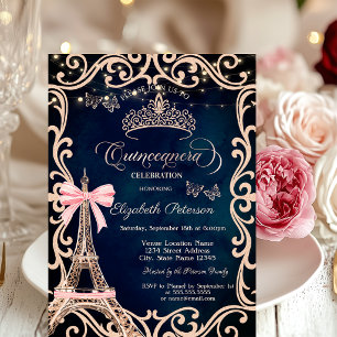 Invitation Tour Eiffel Cadre Paillettes Papillon Bleu