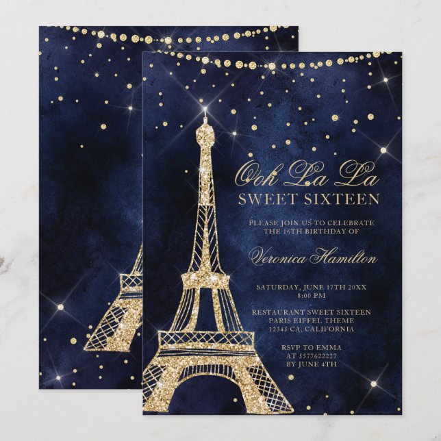 Invitation Tour Eiffel chic or parties scintillant scintillan (Devant / Derrière)