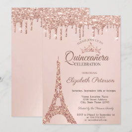 Invitation Tour Eiffel Chic, Rose Roulettes d'or Quinceañera