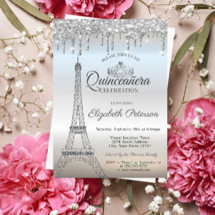 Invitation Tour Eiffel,Ciara,Gouttes de gouttelettes Argentée