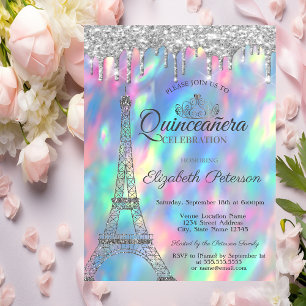 Invitation Tour Eiffel,Ciara,Gouttes Holographique Quinceañer