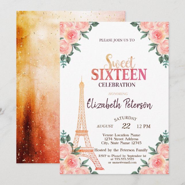 Invitation Tour Eiffel Confetti +++9 Fleurs Douces 16 (Devant / Derrière)