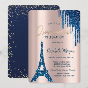 Invitation Tour Eiffel Confetti Drips Bleu Nuit Quinceañera