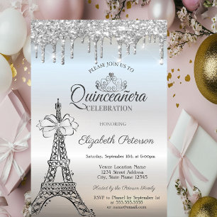 Invitation Tour Eiffel,Couronne,Tiare,Gouttes Argentées Quinc