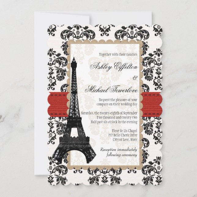 Invitation Tour Eiffel de mariage en damas rouge et noir (Devant)