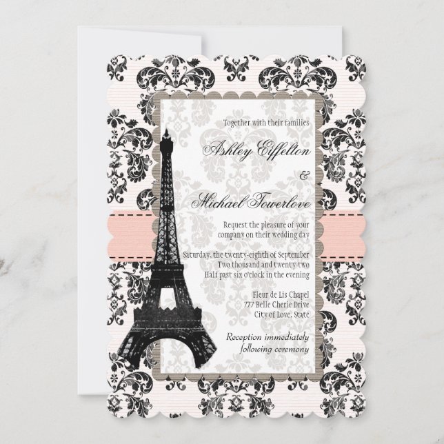 Invitation Tour Eiffel de mariage rose et noir damassé (Devant)