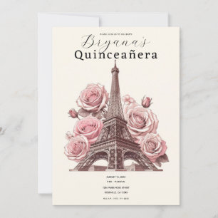 Invitation Tour Eiffel de Paris et roses roses Quinceañera