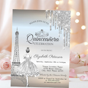 Invitation Tour Eiffel de Paris,Gouttes,Ballerine Quinceañer
