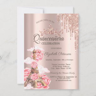 Invitation Tour Eiffel de Paris, Pivoines Drip  Quinceañera 