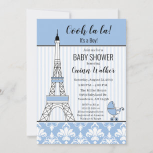 Invitation Tour Eiffel de Paris thème Baby Shower bleu garçon