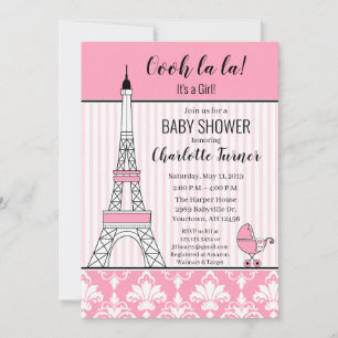 Invitation Tour Eiffel de Paris Thème Baby Shower rose