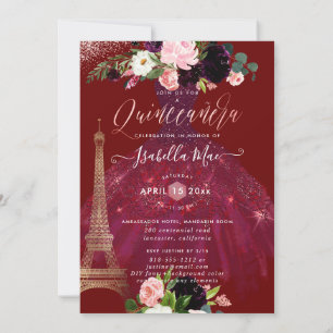 Invitation Tour Eiffel de Quinceanera, fleurs Bourgogne rouss