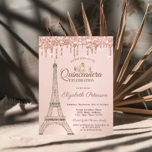 Invitation Tour Eiffel, Diadème, Gouttes de rose doré pour Qu