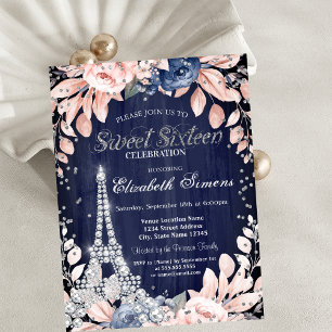 Invitation Tour Eiffel Diamants Roses Bleu Marine Sweet 16