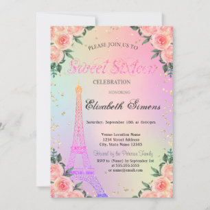 Invitation Tour Eiffel Diamants Roses Holographique Sweet 16