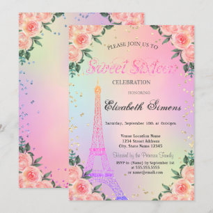 Invitation Tour Eiffel Diamants Roses Holographique Sweet 16