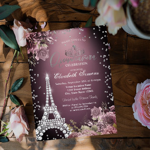 Invitation Tour Eiffel Diamants Roses Sombres Bordeaux