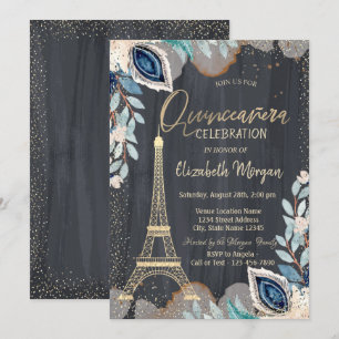 Invitation Tour Eiffel dorée, Fleurs, Quinceañera noire