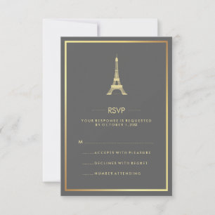 Invitation Tour Eiffel élégant en or sur RSVP de mariage gris