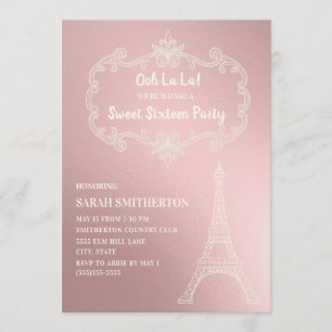 Invitation Tour Eiffel Élégante Rose Crème Blanche Sweet 16