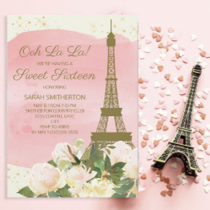 Invitation Tour Eiffel élégante rose or Paris Sweet 16 