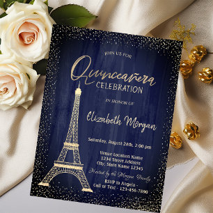 Invitation Tour Eiffel en or Confettis Quinceanera Bleu Marin