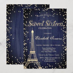 Invitation Tour Eiffel en or Diamants Bleu Marine Sweet 16