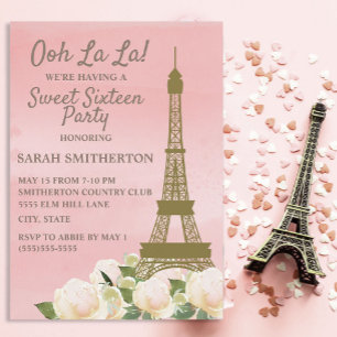 Invitation Tour Eiffel en or rose, fleurs blanches Sweet 16