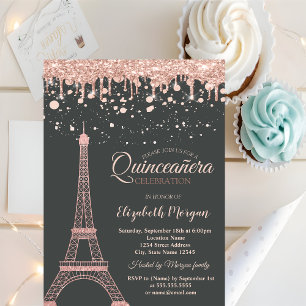 Invitation Tour Eiffel en or rose, gouttes points Quinceañera
