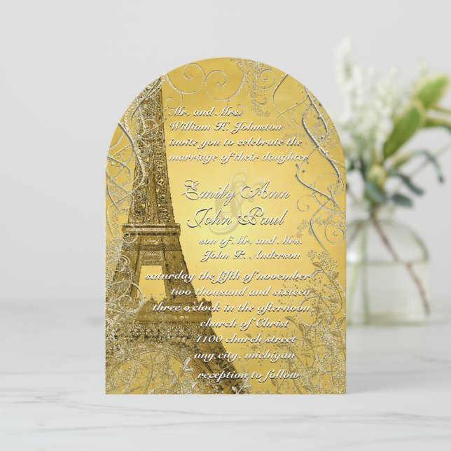 Invitation Tour Eiffel Feuilles   d'or brûlé métal (Debout devant)