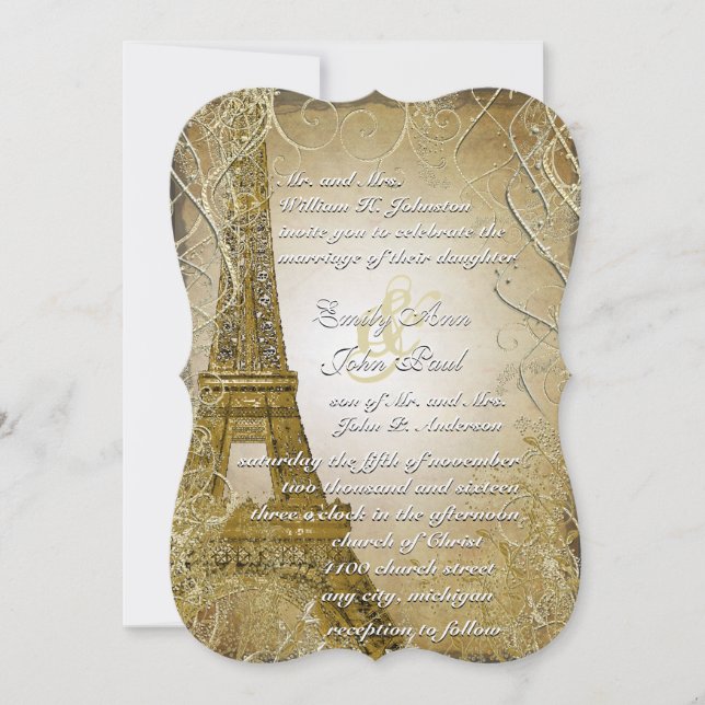 Invitation Tour Eiffel Feuilles   d'or brûlé métal (Devant)