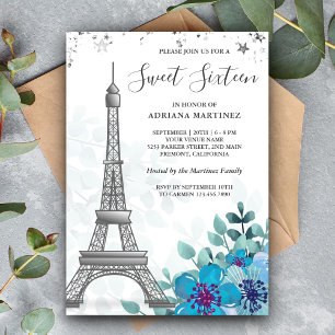 Invitation Tour Eiffel Florale Bleue Élégante Sweet Seize