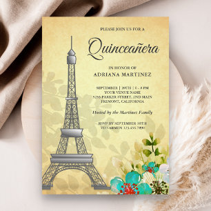 Invitation Tour Eiffel Florale Rustique Vintage pour Quincean