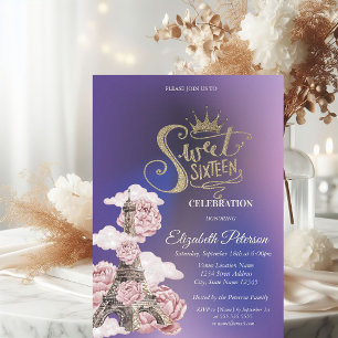 Invitation Tour Eiffel Florale Violet Sweet 16